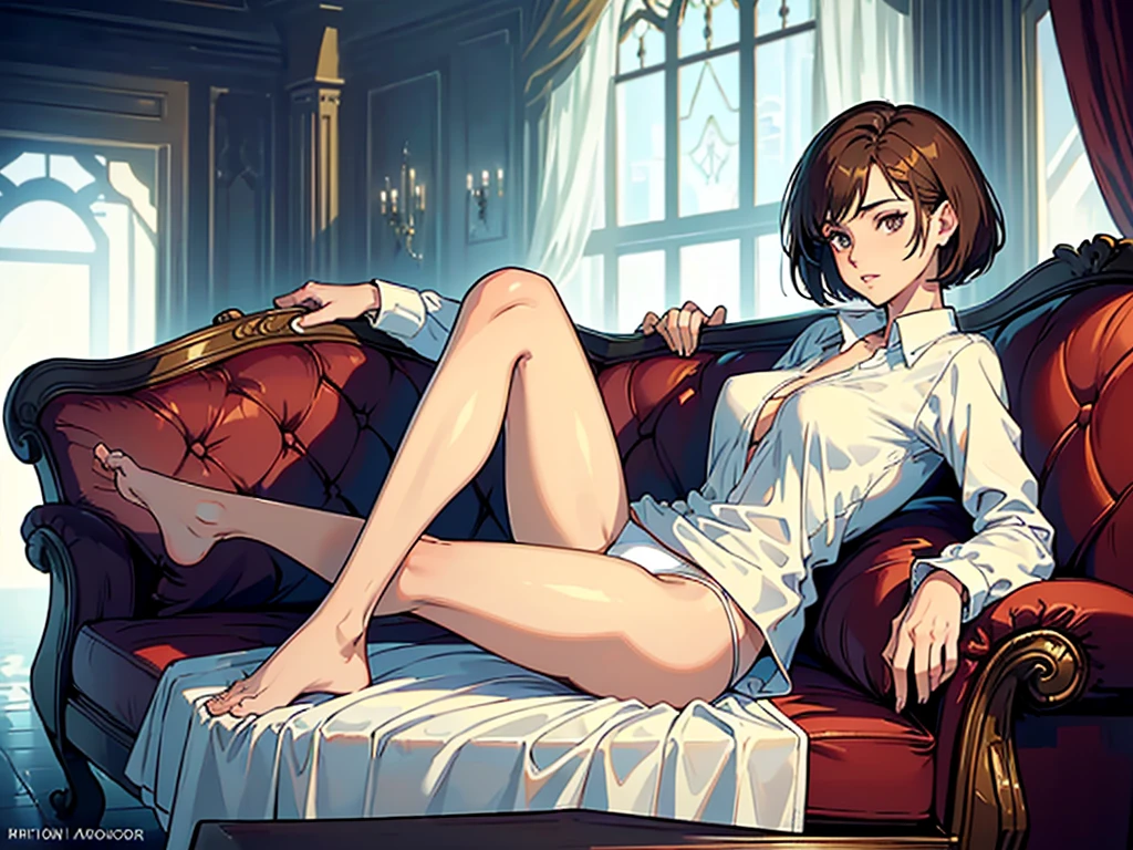 masterpiece,(Perfect Anatomy:1.5), pov , highest quality, (a lady:1.5), slender, leggy, Seductive, short hair, brown hair, (wear a white long sleeved shirt:1.5), white bikini panties , Perfect hands, Perfect body, reclining, lying on a sofa, throw her legs over the sofa, leg up , shirt lift, (barefoot), looking away, ((Exquisite detail)), Very finely crafted fingers(((10 fingers))), (((two legs))), (full body showcase), (Show your whole body), (no background), (No logo) , high resolution, see her private part , telephoto lens, parted lips,