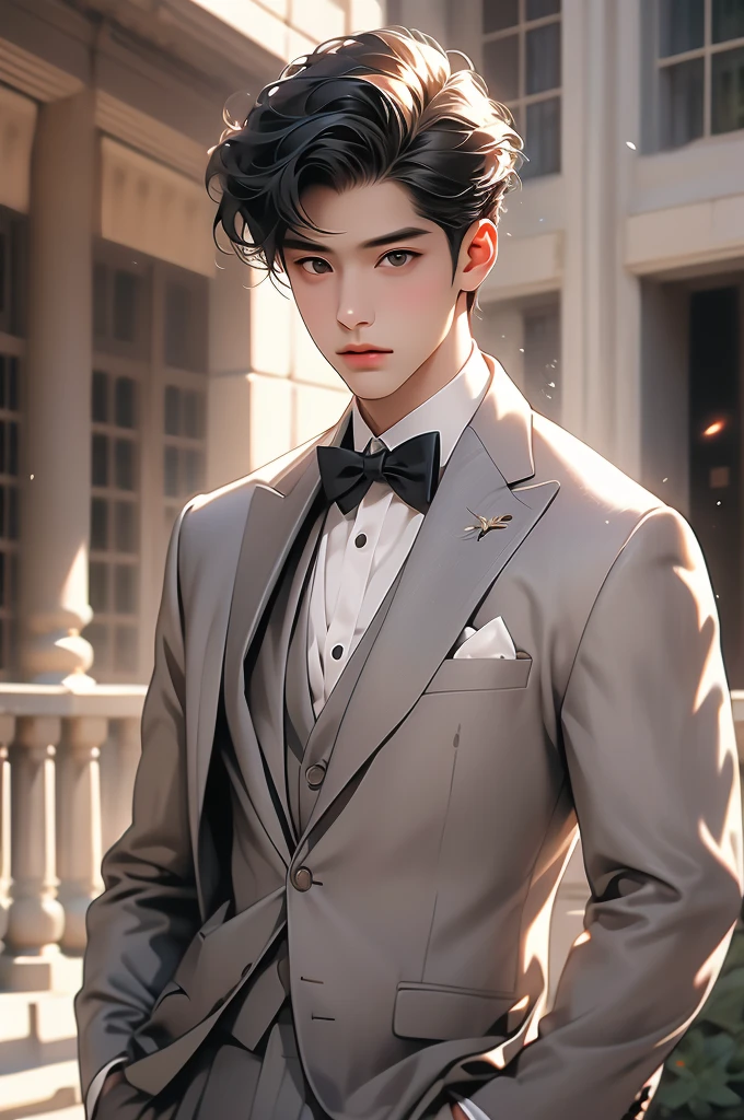 a young man in elegant looking costume posing as a model outside a building, 1boy, male focus, solo, Black hair, bow, formal, bowtie, realistic, suit