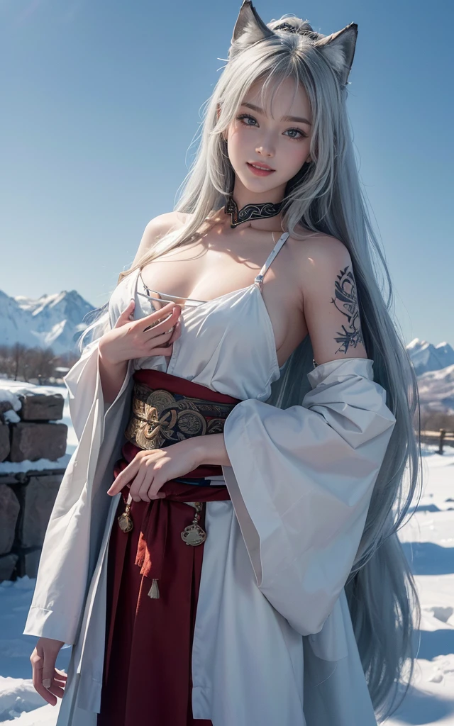 Lakeside surrounded by snowy mountains、Hair flow、 ((highest quality、masterpiece、8k、Best image quality、Ultra-high resolution、Award-winning works)、(Accurate anatomy:1.1)、(Look at me and smile:1.1)、Shining fair skin with Ultra-high resolution、The most detailed face、Ultra-high resolution detailed face、Ultra-high resolutionの髪の毛、(Ultra-high resolutionの煌めく瞳:1.1)、Beautiful face drawn in every detail、Ancient Viking clothing, Chest to chest, tattoo, A real wolf is by your side