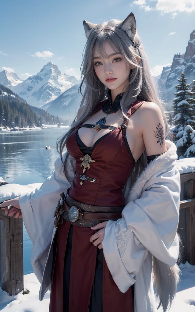 Lakeside surrounded by snowy mountains、Hair flow、 ((highest quality、masterpiece、8k、Best image quality、Ultra-high resolution、Award-winning works)、(Accurate anatomy:1.1)、(Look at me and smile:1.1)、Shining fair skin with Ultra-high resolution、The most detailed face、Ultra-high resolution detailed face、Ultra-high resolutionの髪の毛、(Ultra-high resolutionの煌めく瞳:1.1)、Beautiful face drawn in every detail、Ancient Viking clothing, Chest to chest, tattoo, A real wolf is by your side