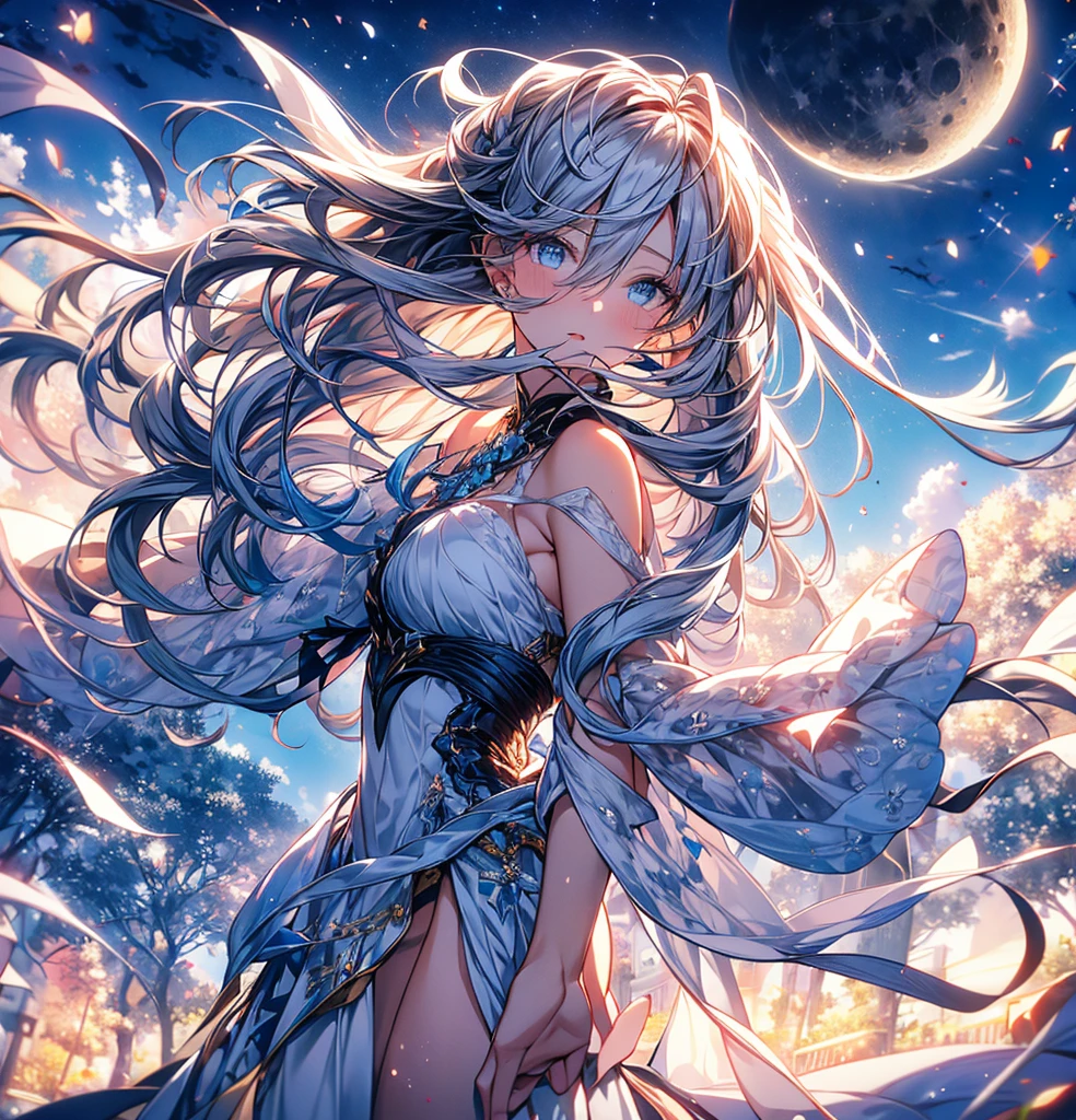 masterpiece, (Highest quality: 1.2), (Super Fine: 1.2), figure, (Very delicate and beautiful: 1.2), Film Angle, floating, (Beautiful detailing: 1.1), (Detail Light: 1.1), Film Light, Delicate Sky, woman, Gray Hair, blue eyes, (High Ponytail: 1.1), Cape, Glowing Eyes, (moon: 1.2), (moonlight: 1.1), Starry Sky, (Particles of light: 1.1), fog , Snow Painting, sketch, flowering