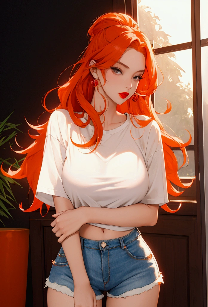 Beautiful and sexy woman, with long orange hair, round breasts, wearing red lipstick, a white t-shirt and jean shorts.