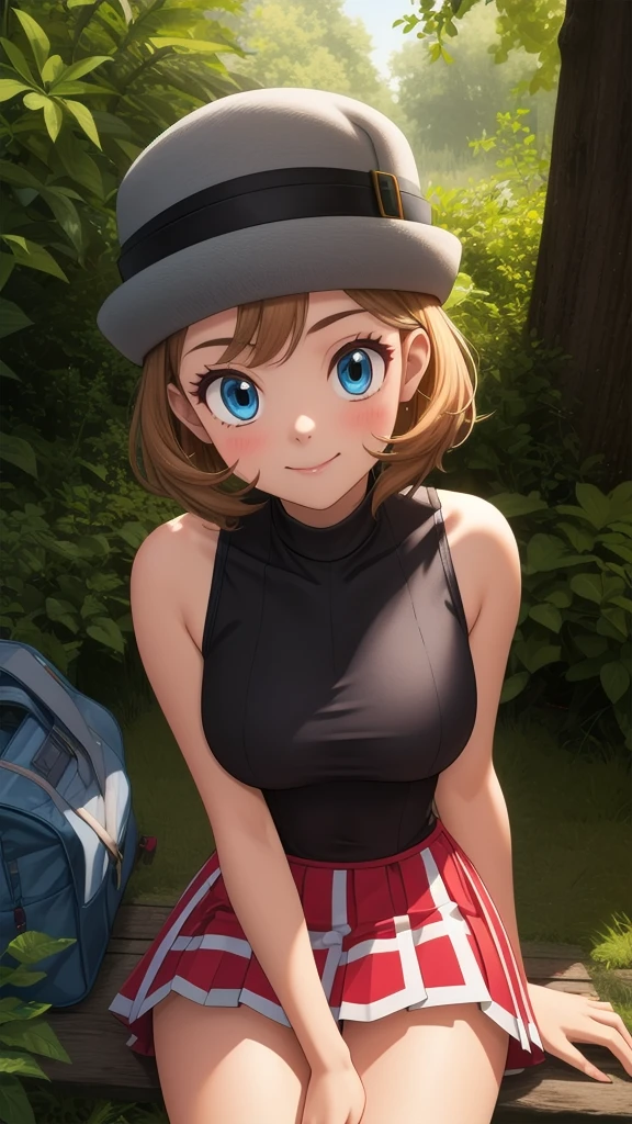 pkmnserena, 1 girl, Alone, blue eyes, by rubio, short hair, hits, has, gray hats, She sits cross-legged in her black shirt., turtleneck, sleeveless, Red skirt, pleated skirt, black thighs,
smile,Closed mouth,cowboy shot,Session,
forest,exterior,
(incredibly detailed, beautiful detailed face, masterpiece, Best Quality) cinematic lighting,