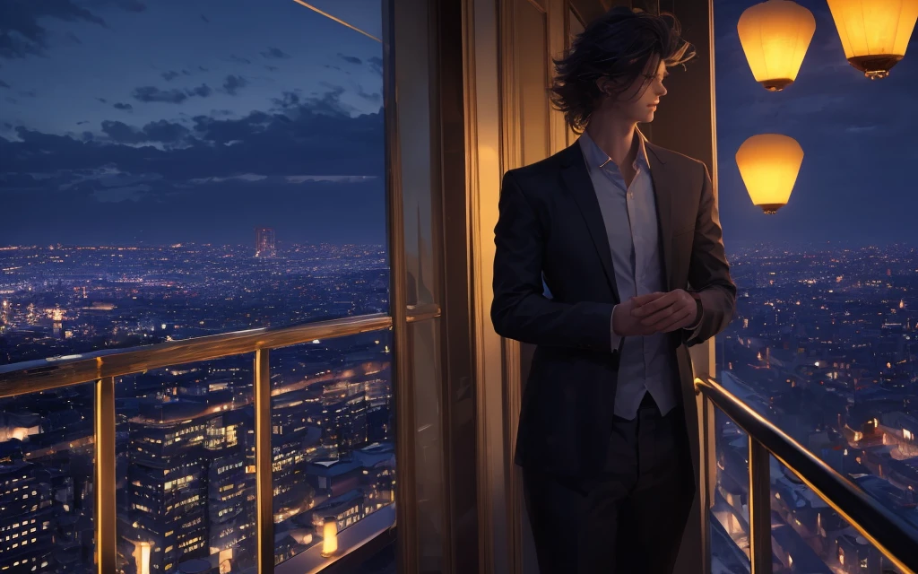 A handsome young man with windblown hair standing thoughtfully on a balcony at dusk, gazing over a vast cityscape illuminated by floating lanterns in a twilight sky. The scene is bathed in soft, twilight lighting, creating a dreamlike and magical atmosphere. The young man, with a contemplative expression, adds a touch of melancholy to the serene, night-time cityscape filled with softly glowing lanterns,
