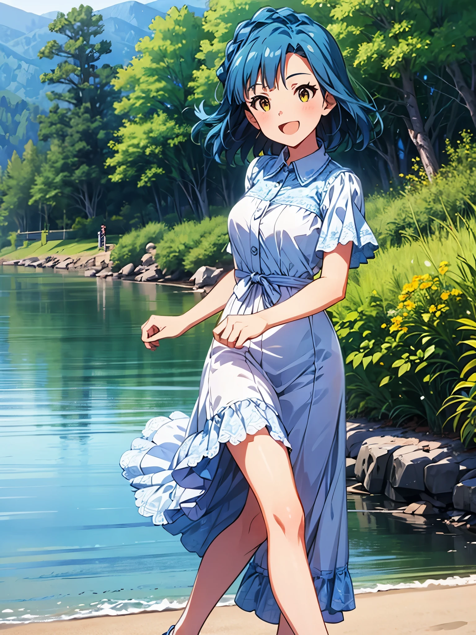 yuriko nanao (million live), 1 girl, Solo, Best Quality, masterpiece, 8K, High resolution, Ultra-detailed, madeon, yellow eyes, smile, have fun, ;d, bright green and aqua blue dress, collared, frilled dress, lacy dress, sandals, outdoor, walking on the shore of the lake, high mountain in the background,