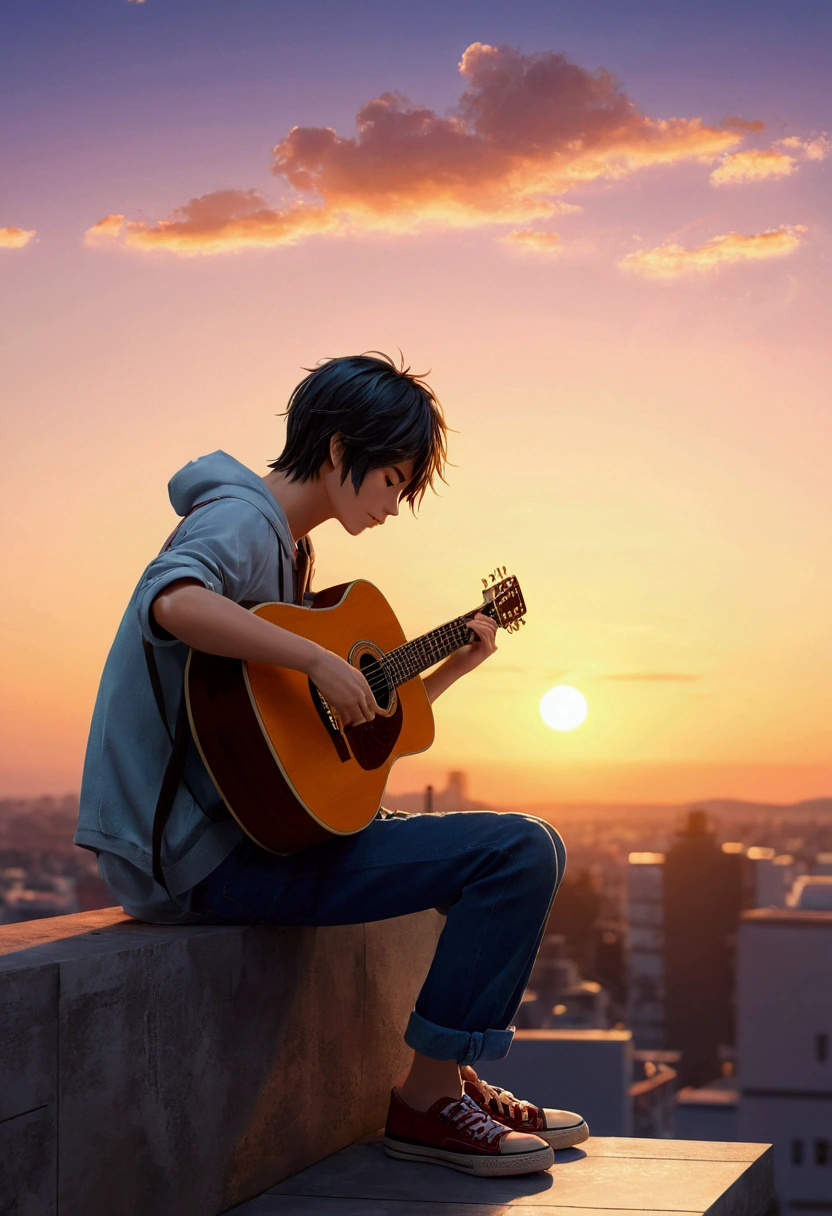 Anime boy sitting on a ledge playing a guitar at sunset, Anime Art Wallpaper 8K, Anime Art Wallpaper 4K, Anime Art Wallpaper 4K, anime style 4K, Anime wallpaper 4k, Anime wallpapers 4k, Anime Wallpaper 4k, Wallpaper manga 4K wallpaper, Makoto Shinkai Cirilo Rolando, The girl plays the guitar, lofi girl