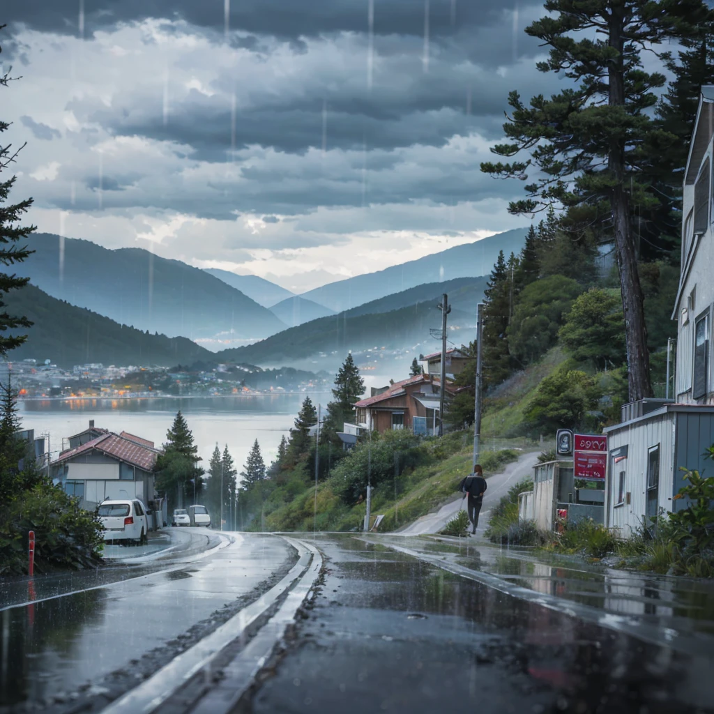 (country road)+(with rain clouds)+(first person perspective)+(standing in a parking spot by the road in the mountains)+(Dense pine woods)+(moody atmosphere)