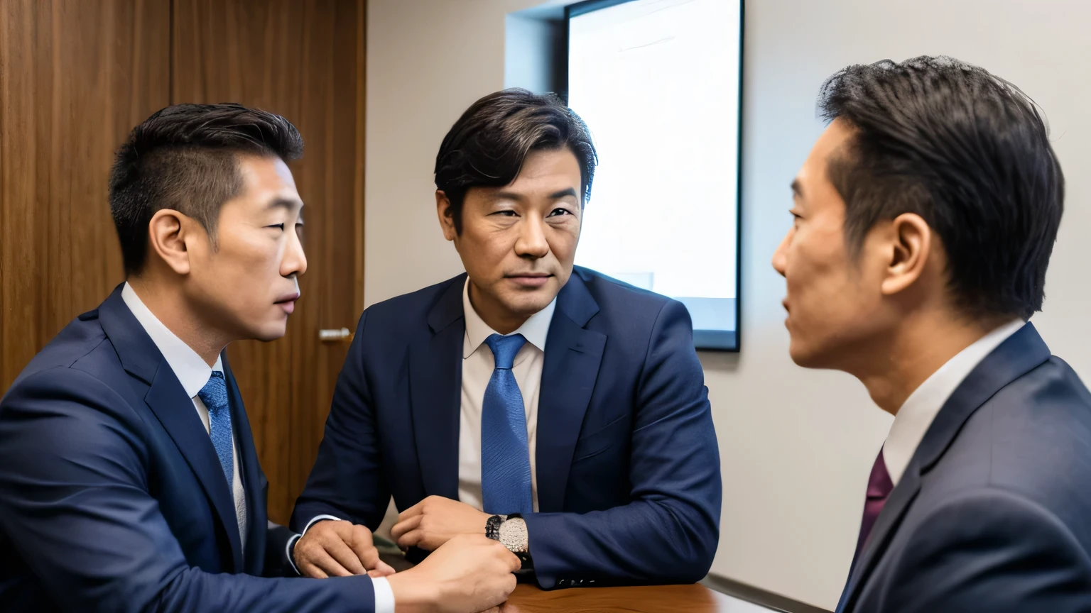 Masterpiece, best quality, several men standing and talking in the office with embarrassed faces, perfect anatomy, professional light, documentary angle