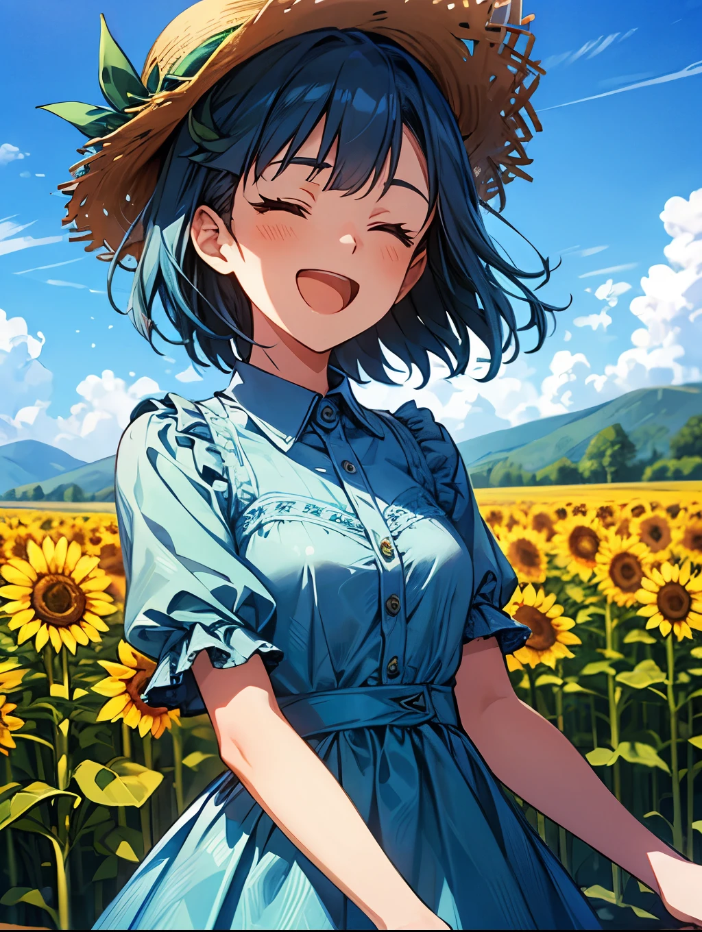 yuriko nanao (million live), 1 girl, Solo, Best Quality, masterpiece, 8K, High resolution, Ultra-detailed, madeon, yellow eyes, smile, have fun, ;d, closed eyes, portrait, bright green and aqua blue dress, collared, frilled dress, lacy dress, wearing straw hat, outdoor, high mountain and sunflower field in the background,