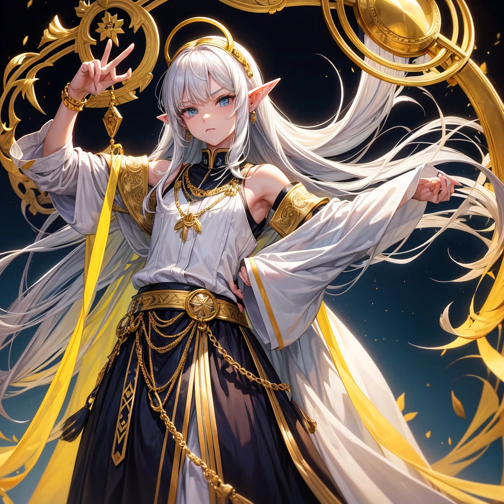Hair: This woman has long white or silver hair. Hairnya terurai dengan sebagian diikat ke belakang.eye: eyenya berwarna oranye dengan tatapan yang tajam.Ears: Has pointed ears similar to elf ears.clothes: Wearing white clothes with gold decoration on the front. clothes ini tampak seperti jaket panjang berwarna kuning dan hitam yang tidak dikancingkan sepenuhnya.Accessory: Wearing sunglasses kept on top of his head. On his wrist was a large metal chain connected to a golden triangle-shaped object on his right hand.pose: Standing position with one arm raised and the other slightly extended forward. His face displays a serious or slightly haughty expression.Additional Features: Has a small red mark or tattoo under his left eye.