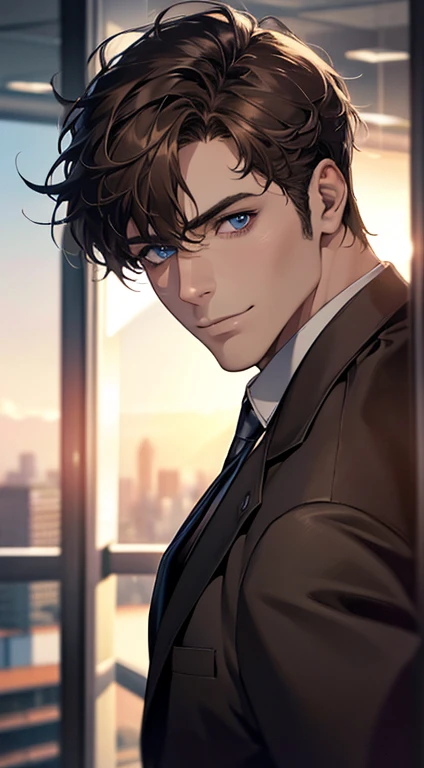 (best quality,4k,8k,highres,masterpiece:1.2),ultra-detailed,(realistic,photorealistic,photo-realistic:1.37),1 man,31 years old,mature man,very handsome,without expression,smile,short grey brown hair,blue eyes,penetrating gaze,perfect face without errors,imposing posture,businessman,office background,cinematic lighting,hdr image