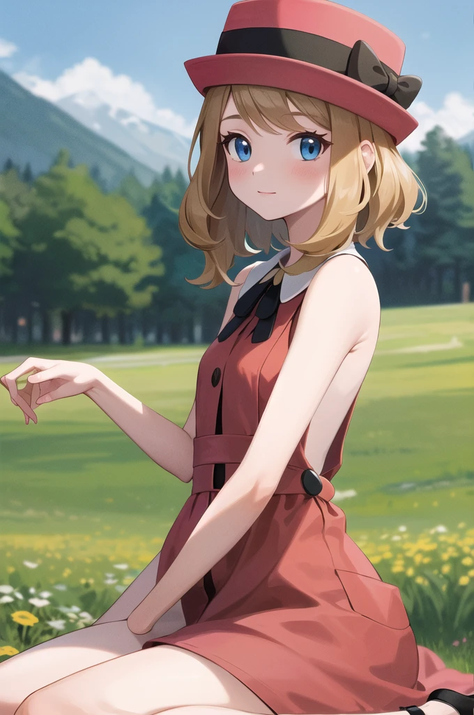 masterpiece, Best Quality, High resolution, bbserena, sOhlOh, shOhrt hair, pink hats, eyelashes, blue eyes, neck ribbOhn, blue ribbOhn, (pink dress:1.2), sleeveless, bare arms, black thighs, :Oh, wariza, field,