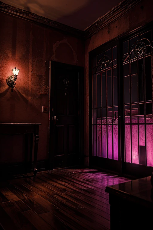 Haunted house, rooms with mucielagos. a lot of beauty, red, purple, reflexes