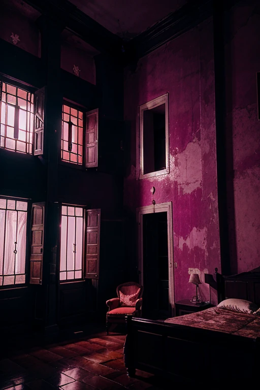 Haunted house, rooms with mucielagos. a lot of beauty, red, purple, reflexes