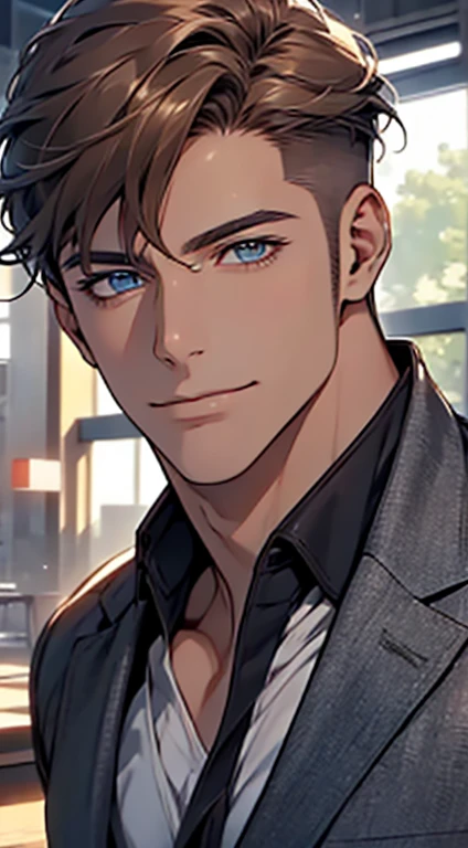 (best quality,4k,8k,highres,masterpiece:1.2),ultra-detailed,(realistic,photorealistic,photo-realistic:1.37),1 man,31 years old,mature man,very handsome,without expression,smile,short grey brown hair,blue eyes,penetrating gaze,perfect face without errors,imposing posture,businessman,office background,cinematic lighting,hdr image