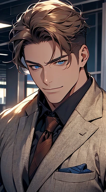 (best quality,4k,8k,highres,masterpiece:1.2),ultra-detailed,(realistic,photorealistic,photo-realistic:1.37),1 man,31 years old,mature man,very handsome,without expression,smile,short grey brown hair,blue eyes,penetrating gaze,perfect face without errors,imposing posture,businessman,office background,cinematic lighting,hdr image