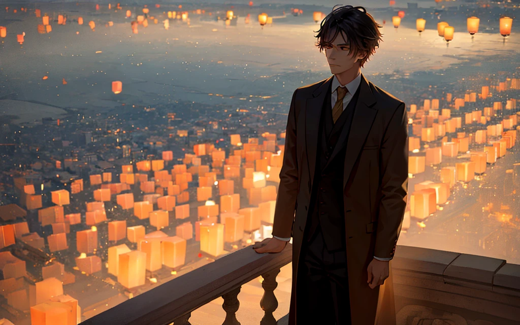 A handsome young man with windblown hair standing thoughtfully on a balcony at dusk, gazing over a vast cityscape illuminated by floating lanterns in a twilight sky. The scene is bathed in soft, twilight lighting, creating a dreamlike and magical atmosphere. The young man, with a contemplative expression, adds a touch of melancholy to the serene, night-time cityscape filled with softly glowing lanterns,