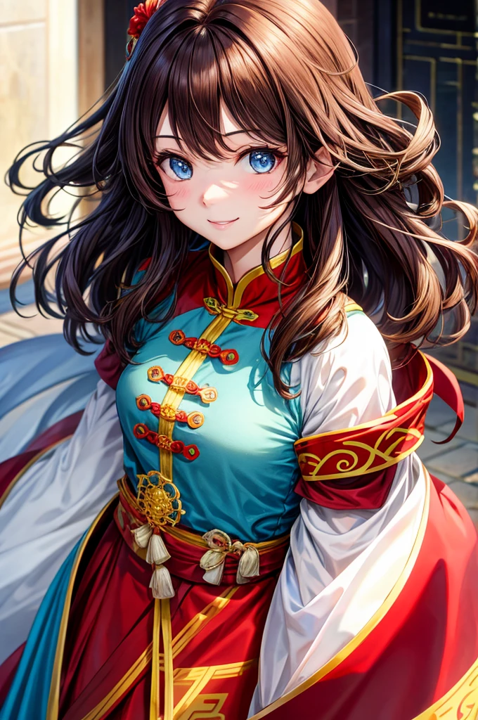 high resolution,smile,woman,woman1人,adult,cute, Medium Hair,wavy hair, Brown Hair,Light blue eyes, Red Chinese Dress,whole body, BREAK Background white,Facing forward,