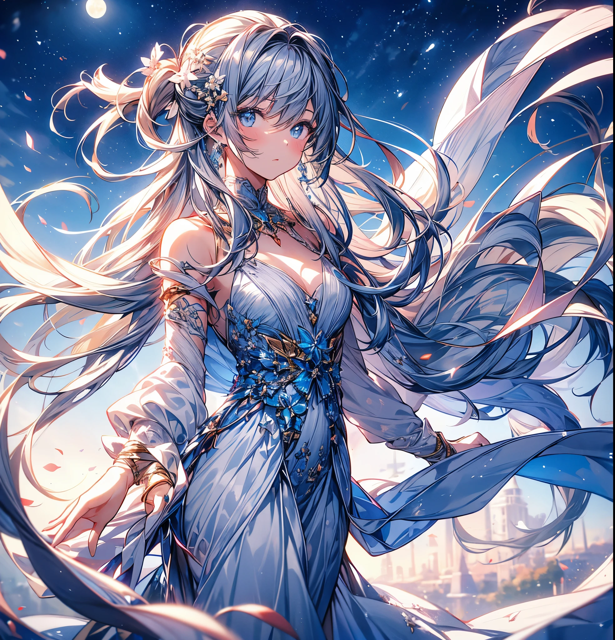 masterpiece, (Highest quality: 1.2), (Super Fine: 1.2), figure, (Very delicate and beautiful: 1.2), Film Angle, floating, (Beautiful detailing: 1.1), (Detail Light: 1.1), Film Light, Delicate Sky, woman, Gray Hair, blue eyes, (High Ponytail: 1.1), Cape, Glowing Eyes, (moon: 1.2), (moonlight: 1.1), Starry Sky, (Particles of light: 1.1), fog , Snow Painting, sketch, flowering,Facing forward