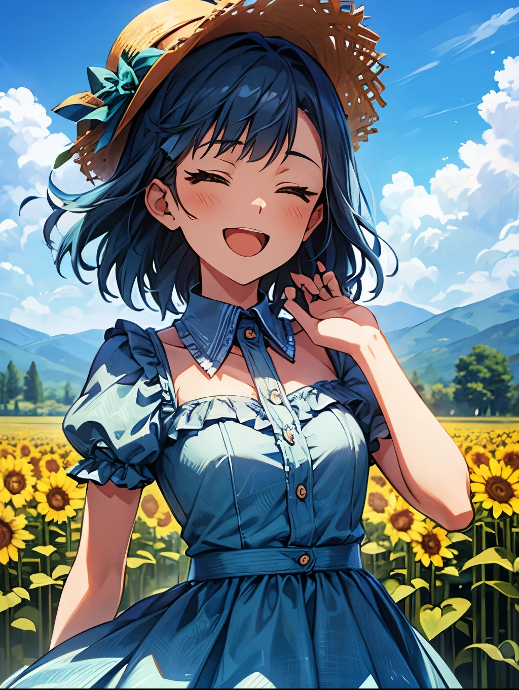 yuriko nanao (million live), 1 girl, Solo, Best Quality, masterpiece, 8K, High resolution, Ultra-detailed, madeon, yellow eyes, smile, have fun, ;d, closed eyes, portrait, bright green and aqua blue dress, collared, frilled dress, lacy dress, wearing straw hat, outdoor, high mountain and sunflower field in the background,