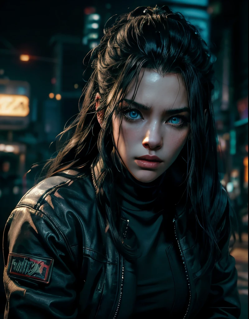 solo, Sasha Yakovleva, Cyberpunk 2077, Edgerunner, Night City, cyberpunk character concept art, ((masterpiece)),((high resolution)),((best quality)), extremely fine and beautiful, super fine illustration, (realistic skin), (insanely detailed blue eyes), lone woman, vivid and beautiful, shocking sensation, incredibly detailed, beautiful detailed girl, innocent, (medium supple breasts:1.0), front view, facing at viewer, (black jacket, turtleneck, high waisted jeans, sneakers:1.0), ((black hair)), (long hair), (plump thighs:0.6), (wide hips:0.6), movie lighting, weighted shadows, weighted hair, realistic physics, perfect shadow, realistic lighting shaded, cyberpunk crowded street scenery