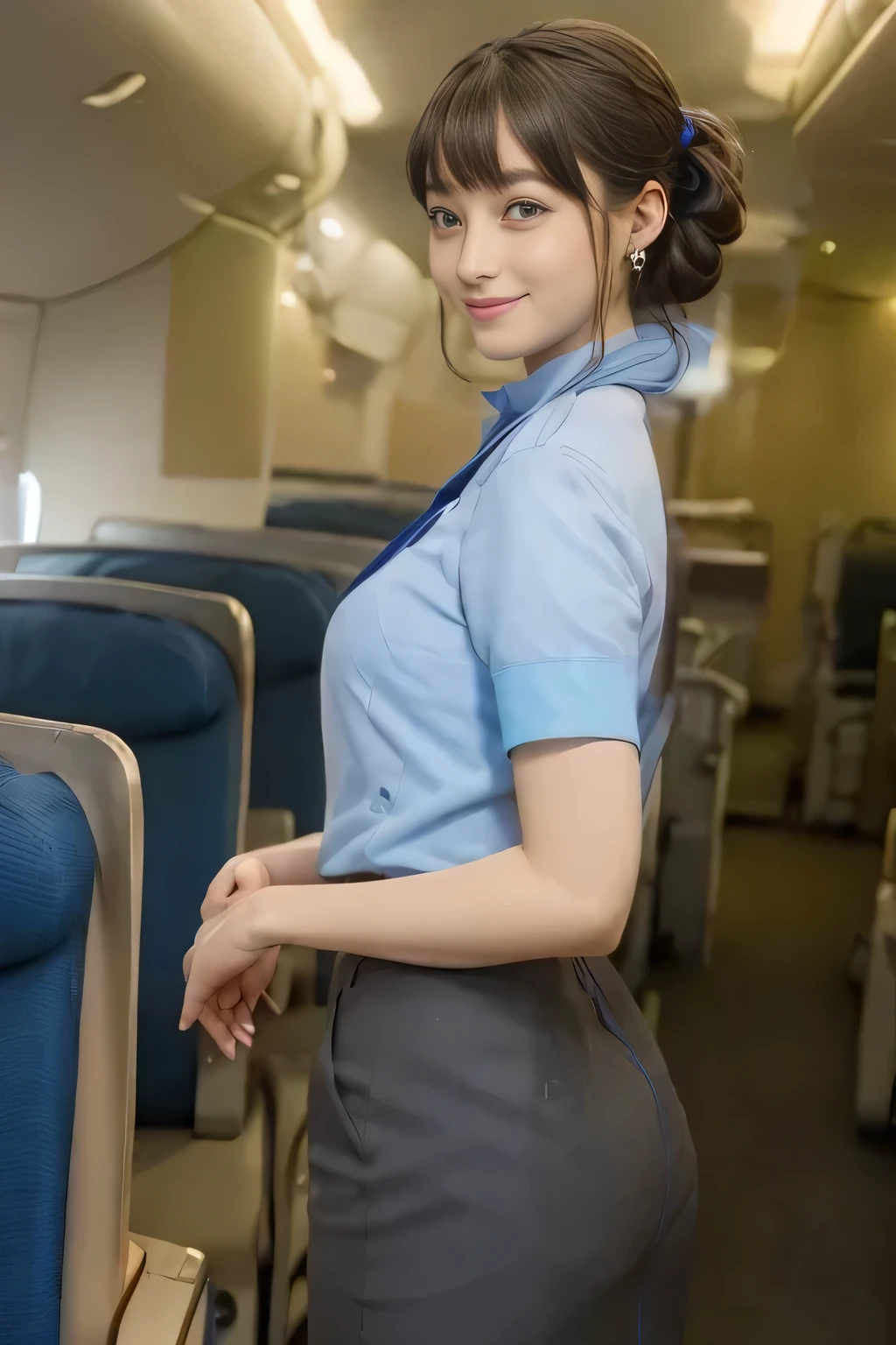 (masterpiece:1.2, Highest quality:1.2), 32k HDR, High resolution, (alone, 1 girl), (ANA cabincrew uniform blue uniform real style), A proper woman, Beautiful Face, Brown Hair, (Long Hair、hair bun), (ANA cabincrew uniform blue uniform blouse:1.05, Light blue scarf、Skirt with blue lines on the buttocks:1.1, pantyhose),、(long hair that reaches to the feet)、Perfect slim body:1.1, Huge breasts, huge breasts cleavage, Detailed skin texture, Beautiful Eyes, (smile:1.2), necklace、Earrings、(forward leaning posture:1.5), On the roof of a building, Rooftop in the daytime,Blue eyes、Hands fold underneath