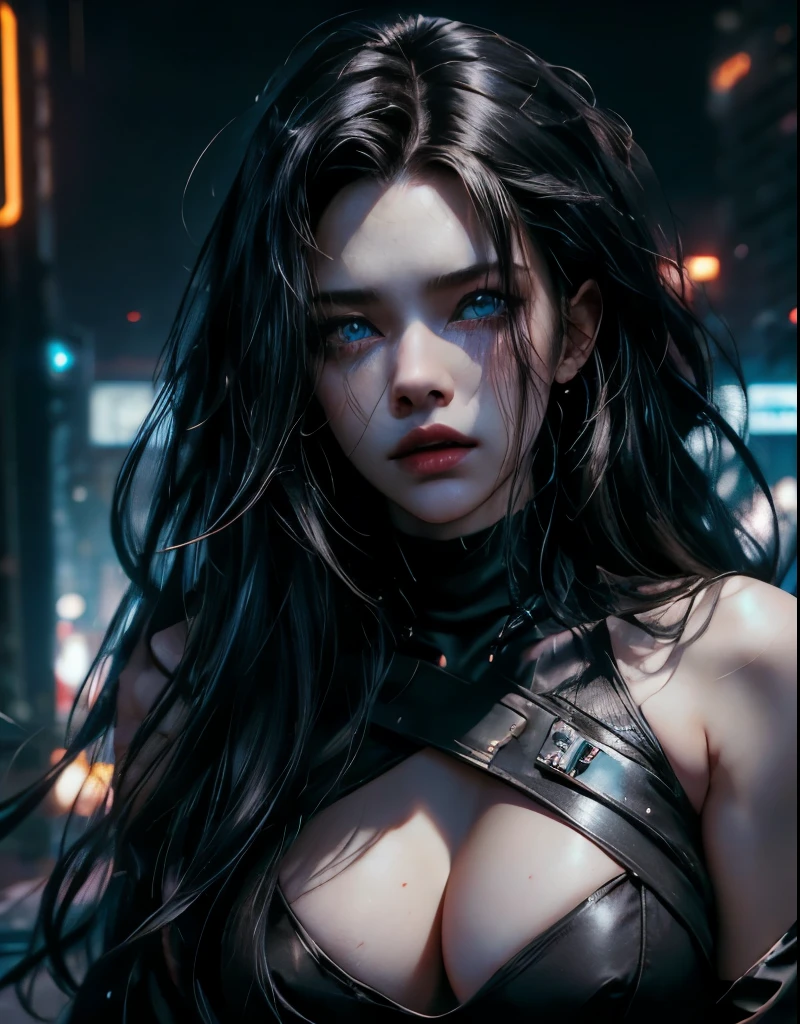 solo, Sasha Yakovleva, Cyberpunk 2077, Edgerunner, Night City, cyberpunk character concept art, ((masterpiece)),((high resolution)),((best quality)), extremely fine and beautiful, super fine illustration, (realistic skin), (insanely detailed blue eyes), lone woman, vivid and beautiful, shocking sensation, incredibly detailed, beautiful detailed girl, innocent, (medium supple breasts:1.0), front view, facing at viewer, (seductive elegant dress:1.0), ((black hair)), (long hair), (plump thighs:0.6), (wide hips:0.6), movie lighting, weighted shadows, weighted hair, realistic physics, perfect shadow, realistic lighting shaded, cyberpunk hotel scenery