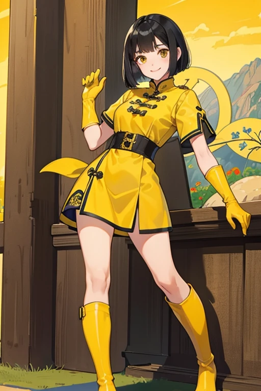 A black-haired girl smiling gently wearing a red enamel tube top, red enamel shorts, red enamel gloves, red enamel knee-high boots, and black fishnet stockings　Mount Fuji in the background