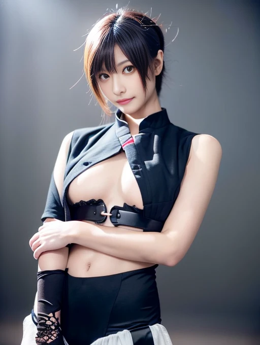20 year old Japanese beauty,Slim and cute、Bulge of lateral breasts、Slit eyes、A head-to-toe view,Bust is very very large、The background is a Japanese castle、High quality photos、Clear, crisp images of the lower body、Masterpiece 8k、Smiling、Female Ninja Cosplay、Holding a Japanese sword in the right hand、Ready
