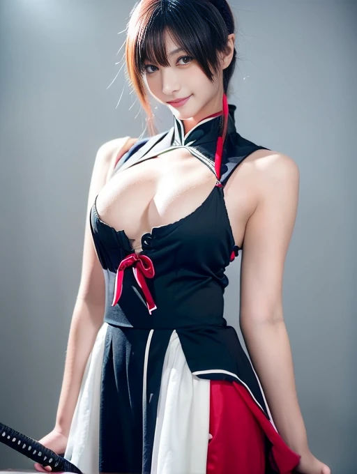20 year old Japanese beauty,Slim and cute、Bulge of lateral breasts、Slit eyes、A head-to-toe view,Bust is very very large、The background is a Japanese castle、High quality photos、Clear, crisp images of the lower body、Masterpiece 8k、Smiling、Female Ninja Cosplay、Holding a Japanese sword in the right hand、Ready