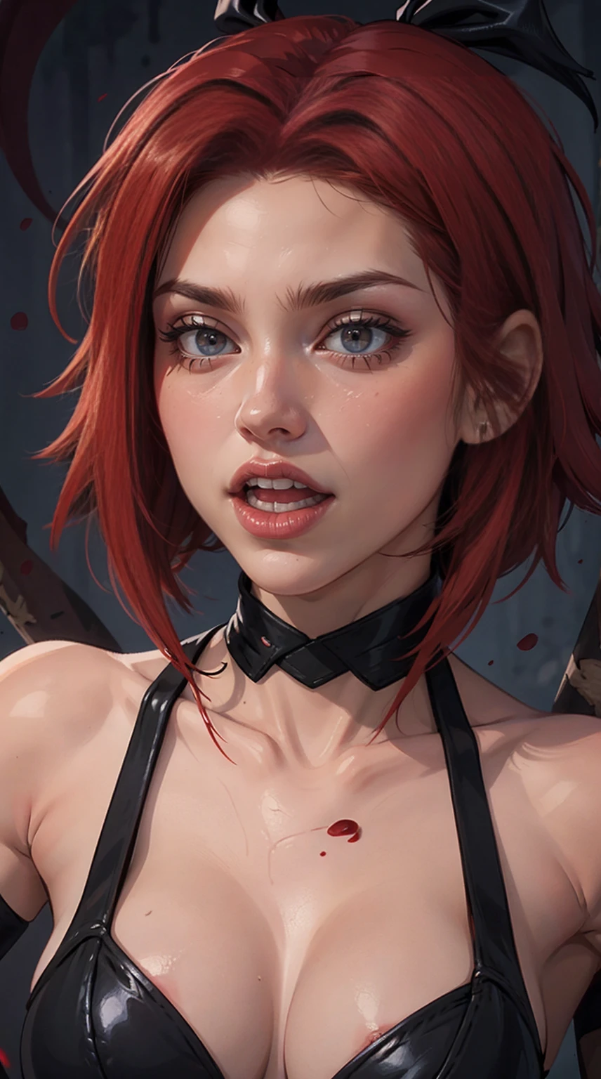 (NSFW), Masterpiece, Best Quality, Photorealistic, Rayne, Black and Red, vampire fangs, hair ribbons, Average Breasts,, dripping from the mouth,Bloodrayne,