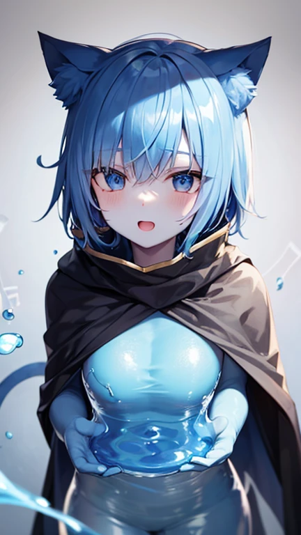 Blue Hair,Blue Skin,Black Cape,Cat ear,Liquid on the character,Slime,Lots of musical notes in the background,Combat Uniform,Underexposed eyes