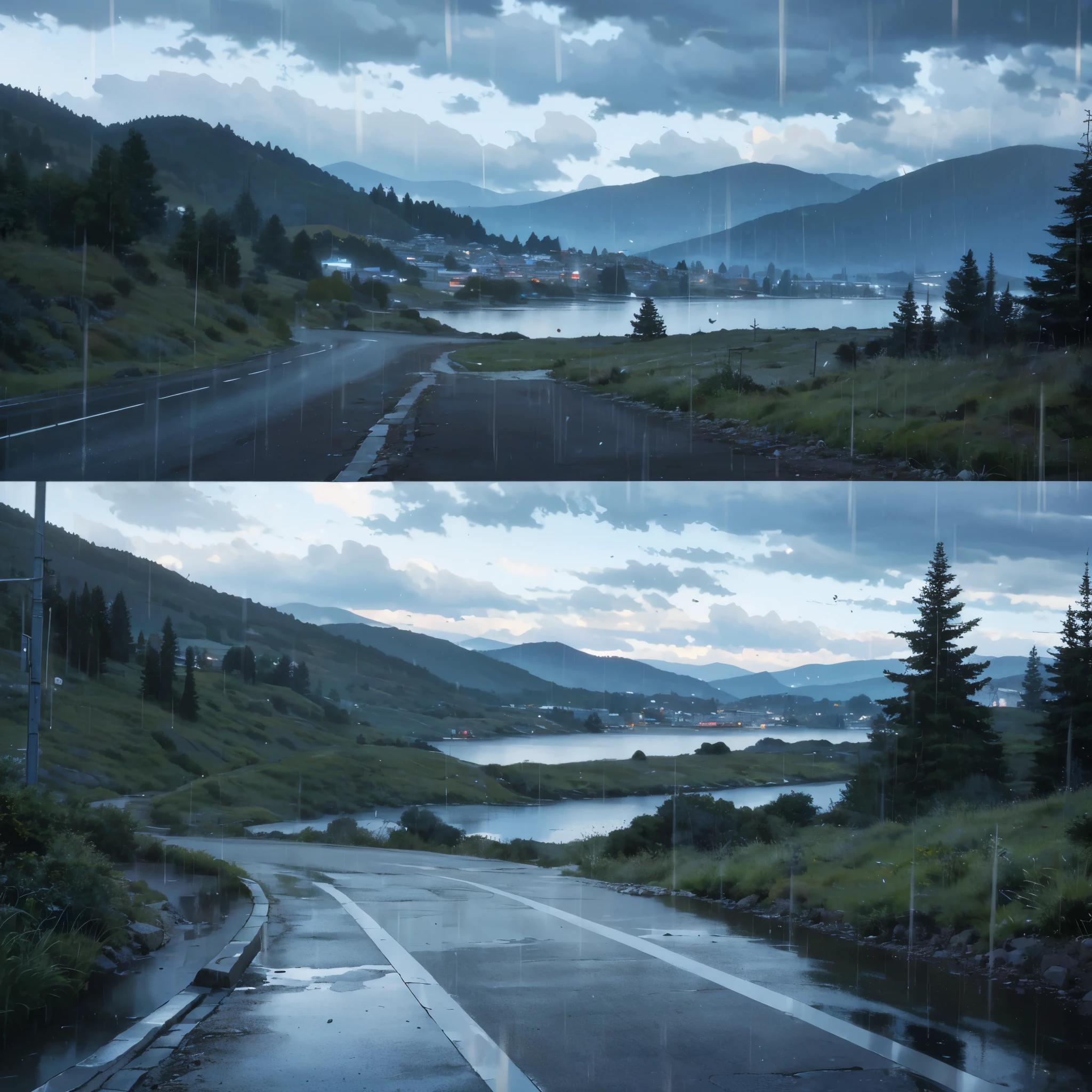 (country road)+(with rain clouds)+(first person perspective)+(standing in a parking spot by the road in the mountains)+(Dense pine woods)+(moody atmosphere)