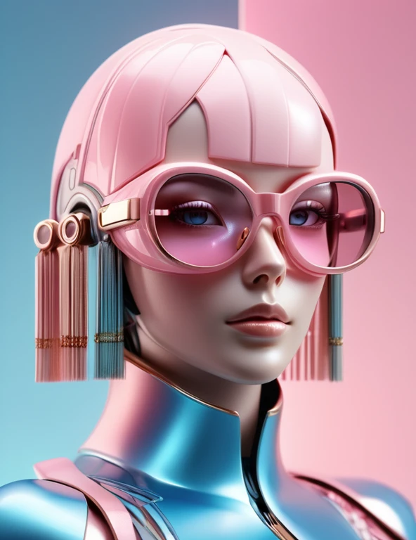 3D illustration of upper body and face of artificial intelligence model wearing futuristic glasses, Stylish glasses with tassels，Gradient background, Pastel color palette, pink blue, Simplicity, cold metallic textures, Surrealism,