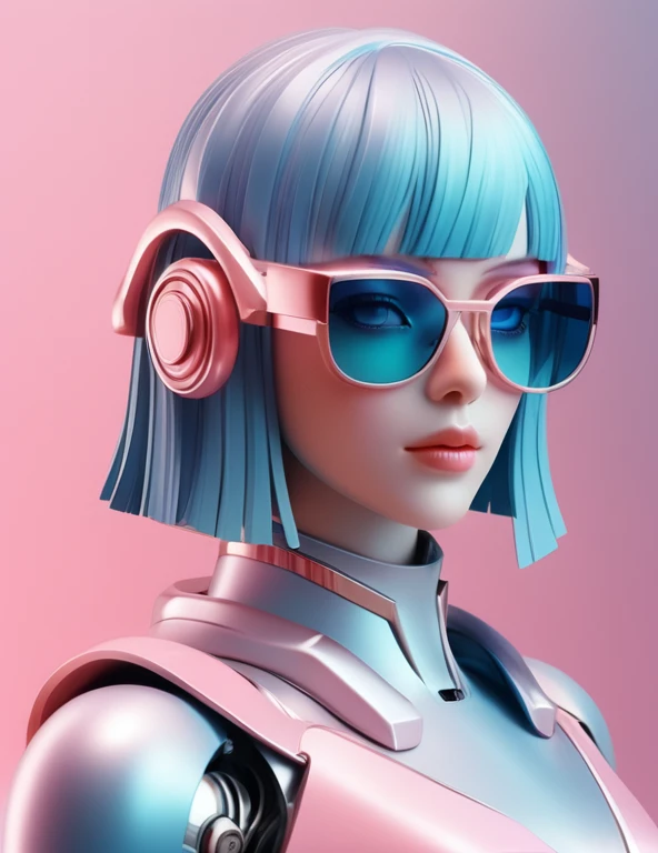 3D illustration of the whole body and face of an artificial intelligence model wearing futuristic glasses, Stylish sunglasses,Gradient Background, Pastel Color Palette, Pink White, Simplicity, Cold metal texture, Surrealism, Earrings, Perm, chest:2, Lion