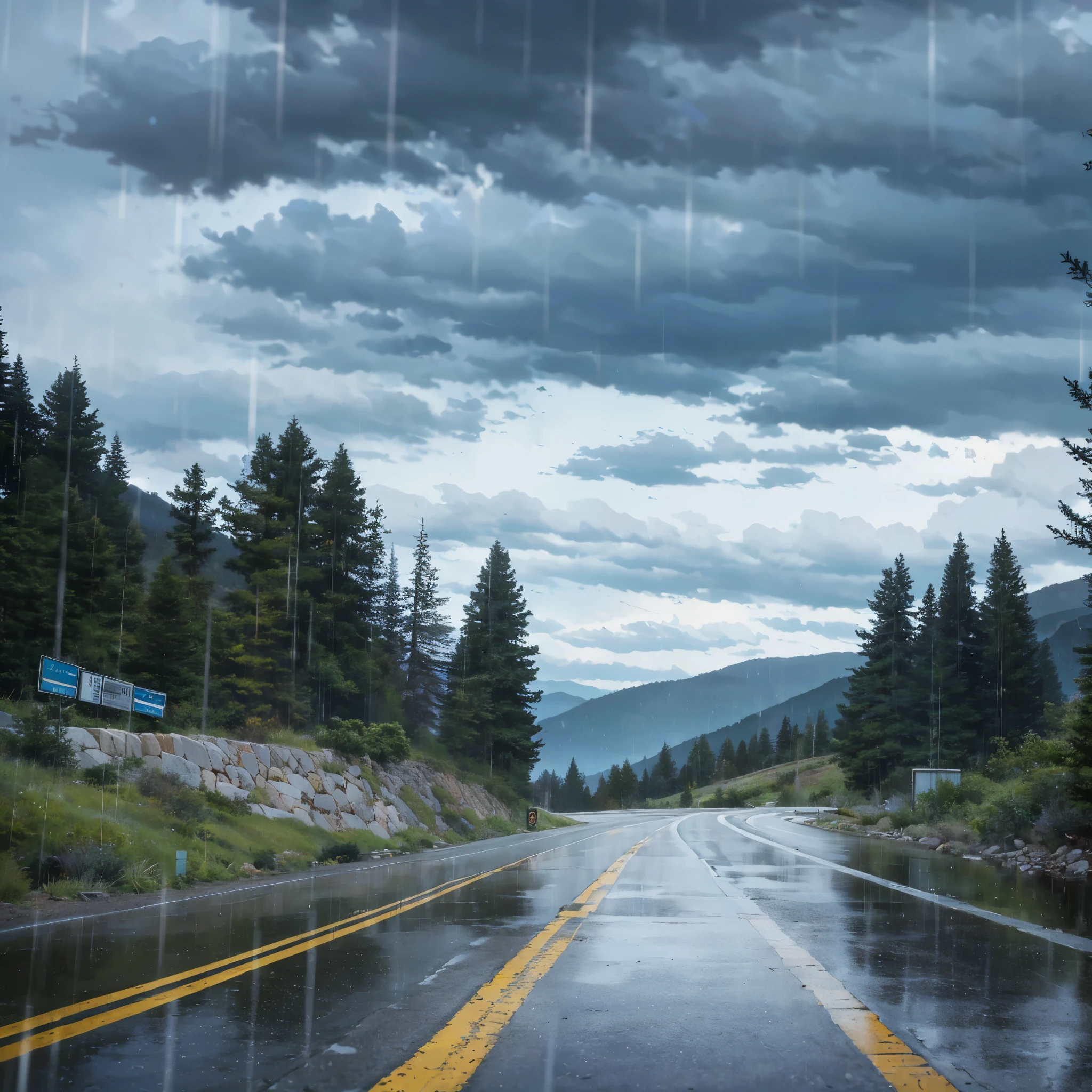 (country road)+(with rain clouds)+(first person perspective)+(standing in a parking spot by the road in the mountains)+(Dense pine woods)+(moody atmosphere)