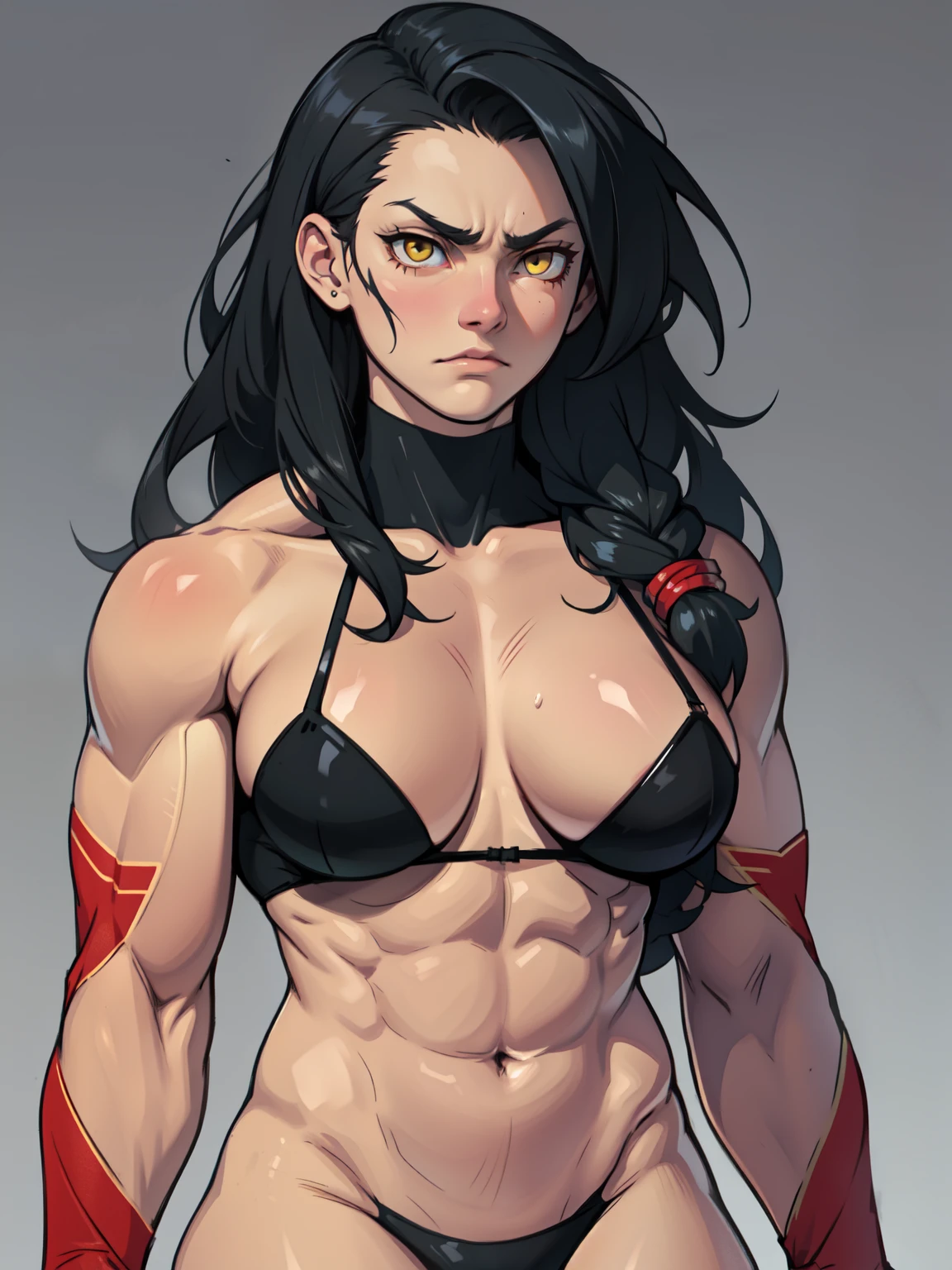girl solo standing muscular girl toned body large breasts thick yellow eyes black hair pale skin perfect anatomy perfect anatomy perfect anatomy muscular girl toned body large breasts thick muscular girl toned body large breasts