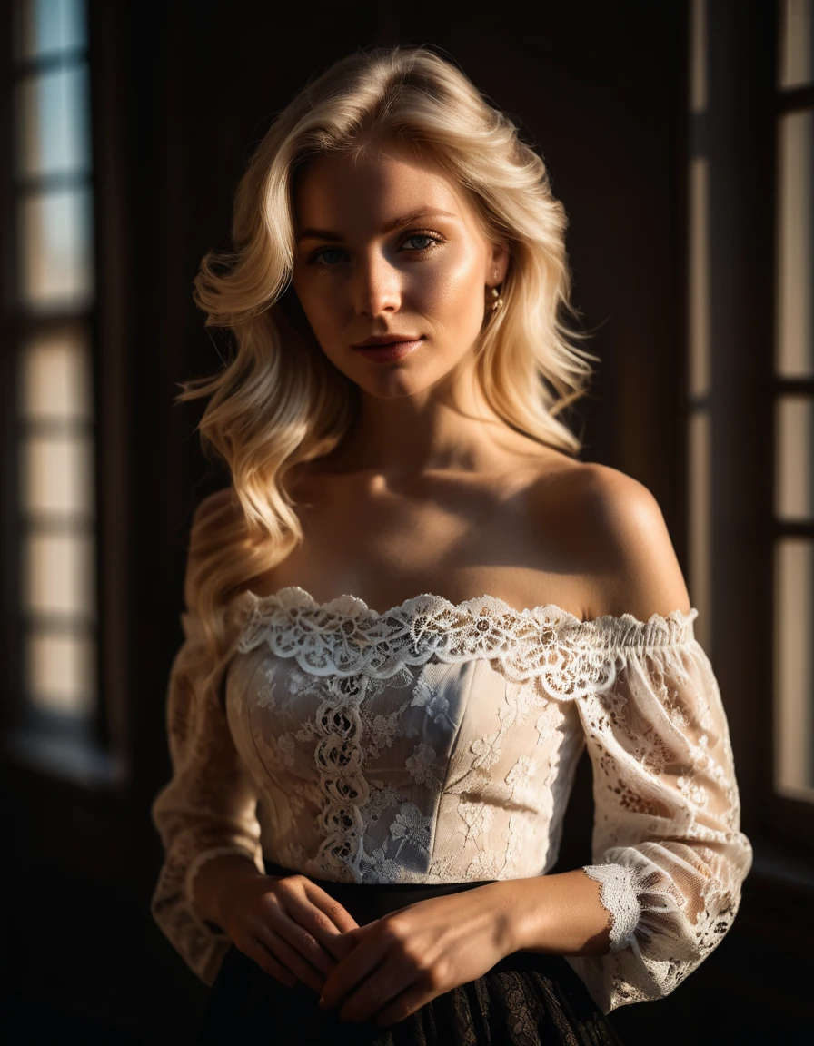 a character photographic portrait of a Danish woman with ash blonde hair in a romantic style, Off-the-shoulder lace blouse and long layered skirt., a character portrait by Matej Sternen, pexels contest winner, tonalism, backlit portrait, portrait soft light, dramatic light on the face