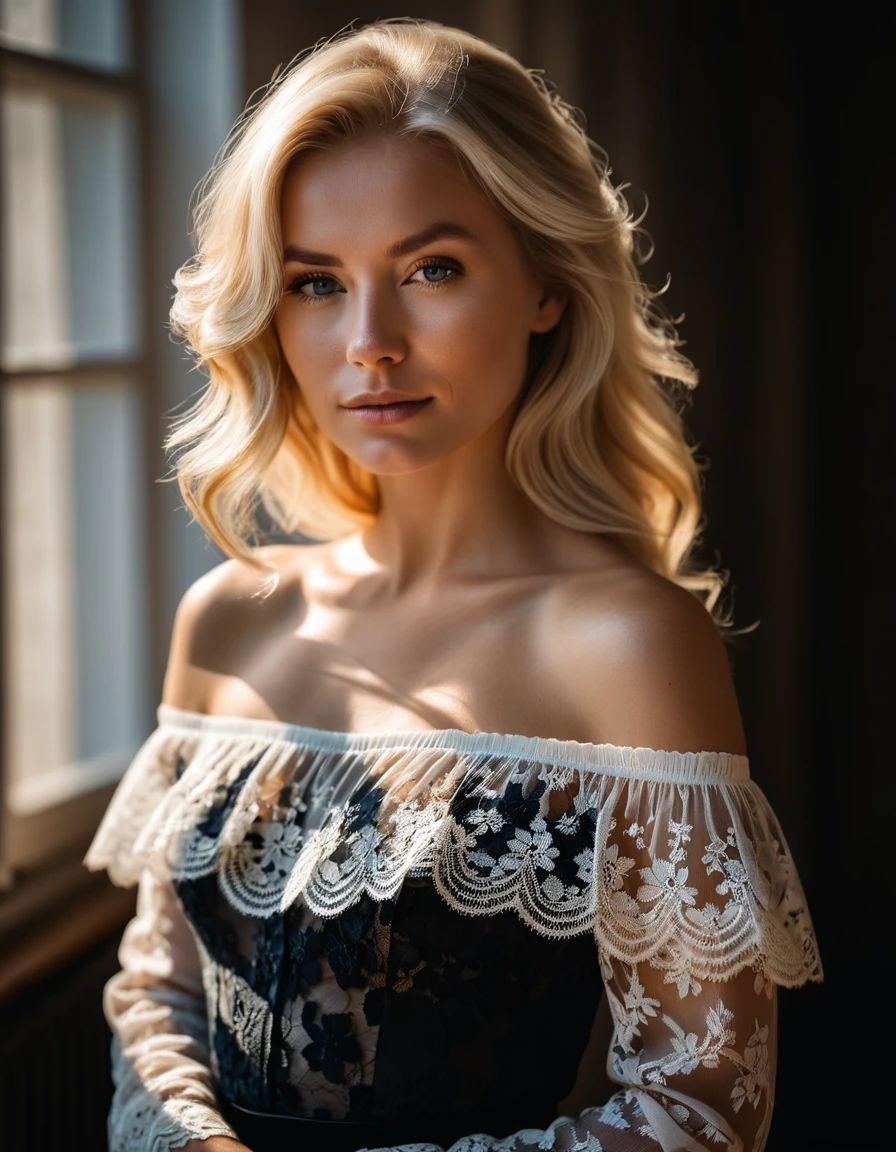 a character photo portrait of a danish woman with ash blonde hair wearing a romantic style, blusa de encaje con hombros descubiertos y falda larga escalonada., un retrato de personaje de Matej Sternen, ganador del concurso pexels, tonalism, retrato retroiluminado, retrato luz suave, dramatic light on the face