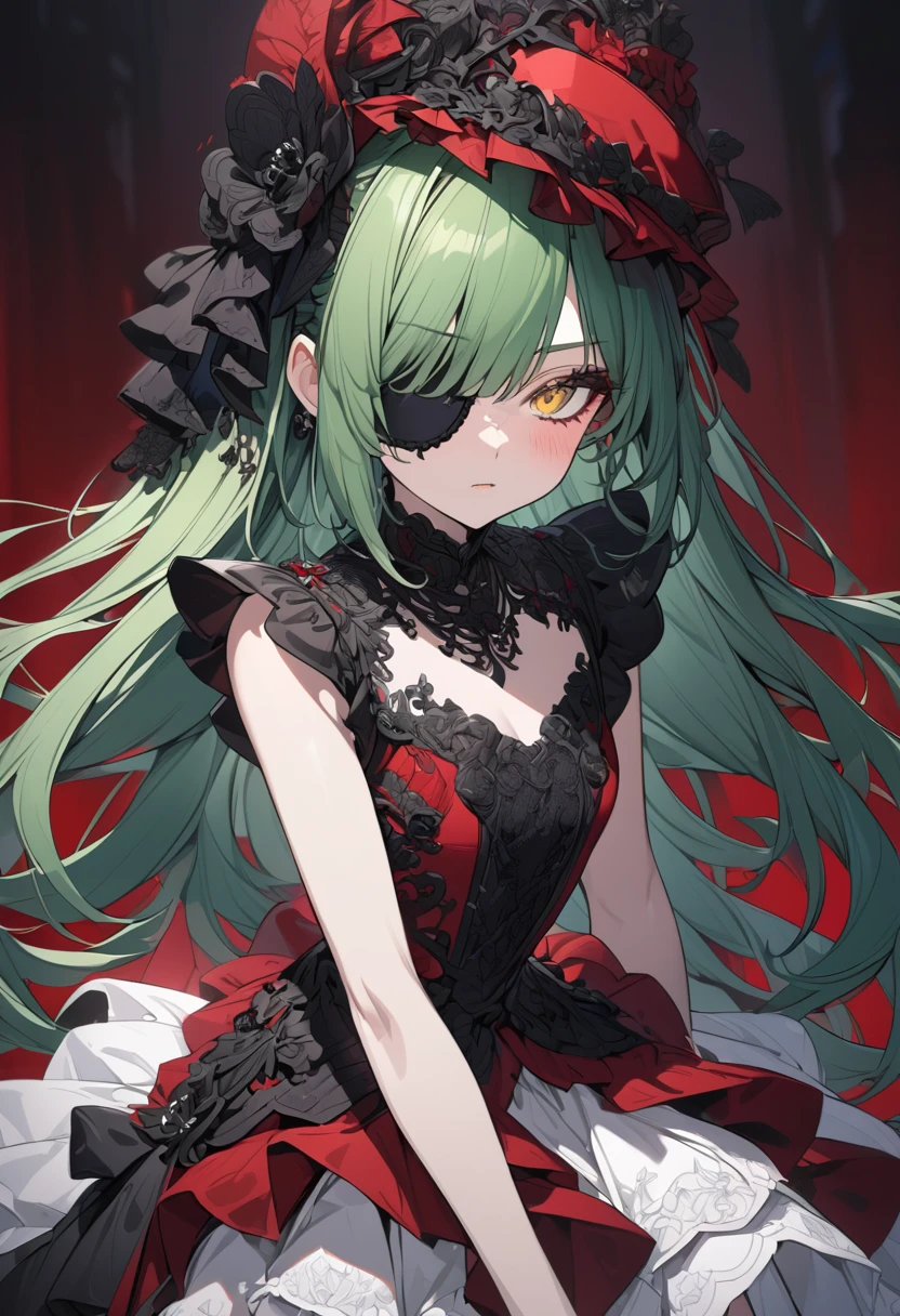 anime, girl, green hair, ear-length hair, yellow eyes, an elegant black eyepatch, ultra detailed, red hat with black, elegant, porcelain doll dress, red and black color, ultra detailed, arrogant expression,