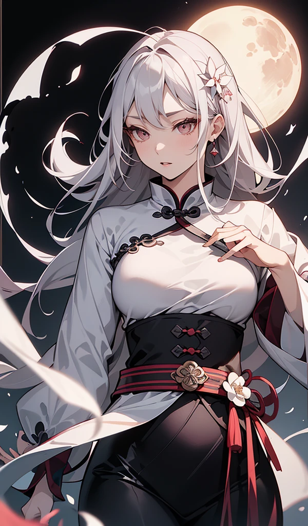 masterpiece, Highest, night, full moon, 1 female, Mature Woman, Chinese style, ancient China, sister, Royal Sister, Cold Face, Expressionless, A woman with long silvery white hair, Pale pink lips, Calm, intellectual, Three belts, Gray Hitomi, assassin, dagger, Flower ball background, Street view