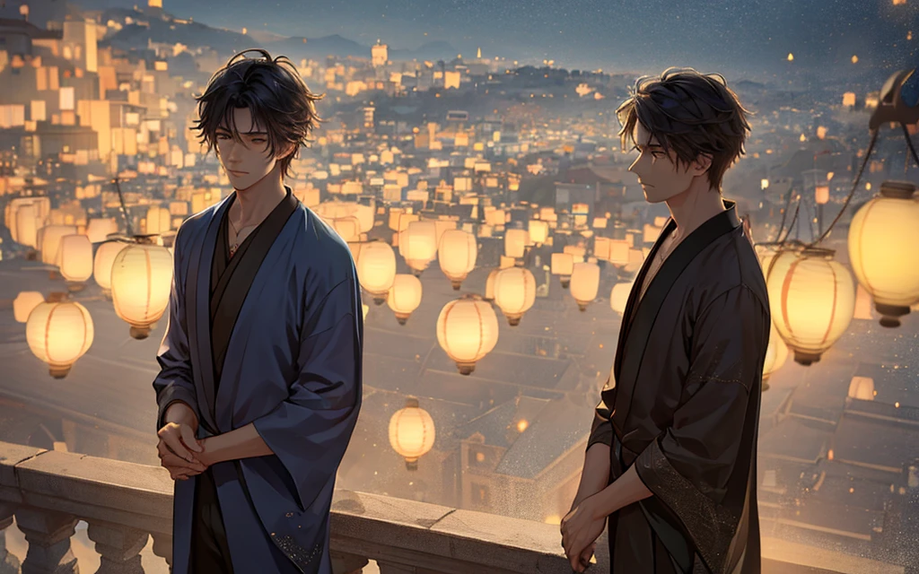 A handsome young man with windblown hair standing thoughtfully on a balcony at dusk, gazing over a vast cityscape illuminated by floating lanterns in a twilight sky. The scene is bathed in soft, twilight lighting, creating a dreamlike and magical atmosphere. The young man, with a contemplative expression, adds a touch of melancholy to the serene, night-time cityscape filled with softly glowing lanterns,
