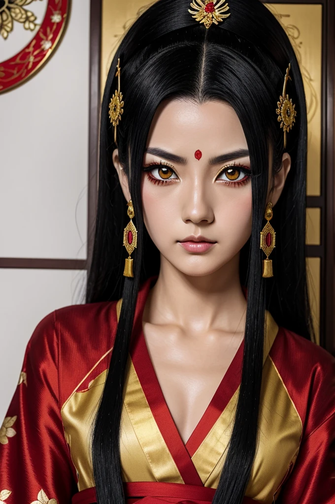 Kimetsu No Yaiba anime style female character, tall and slim with long black hair combed in the date hyogo style and beautiful gold-colored ornaments, wearing a red kimono with small gold details, completely red eyes and certainly sad look, using white makeup and red details on the lips and eyes
