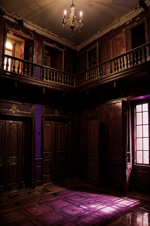 Haunted house, rooms with mucielagos. a lot of beauty, red, purple, reflexes