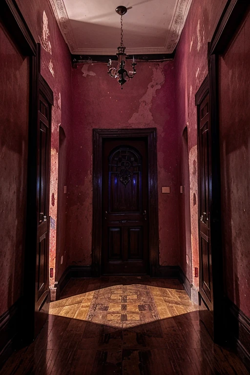 Haunted house, rooms with mucielagos. a lot of beauty, red, purple, reflexes