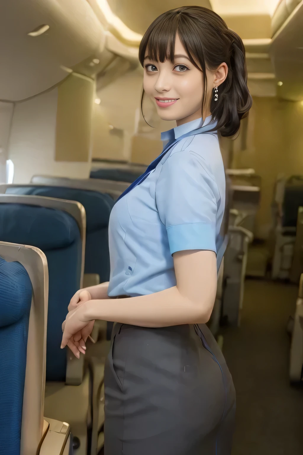 (masterpiece:1.2, Highest quality:1.2), 32k HDR, High resolution, (alone, 1 girl), (ANA cabincrew uniform blue uniform real style), A proper woman, Beautiful Face, Brown Hair, (Long Hair、hair bun), (ANA cabincrew uniform blue uniform blouse:1.05, Light blue scarf、Skirt with blue lines on the buttocks:1.1, pantyhose),、(long hair that reaches to the feet)、Perfect slim body:1.1, Huge breasts, huge breasts cleavage, Detailed skin texture, Beautiful Eyes, (smile:1.2), necklace、Earrings、(forward leaning posture:1.5), On the roof of a building, Rooftop in the daytime,Blue eyes、Hands fold underneath