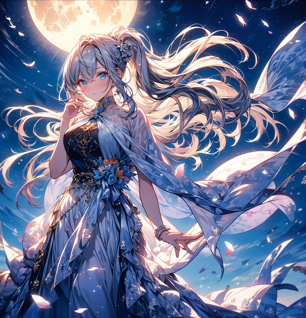masterpiece, (Highest quality: 1.2), (Super Fine: 1.2), figure, (Very delicate and beautiful: 1.2), Film Angle, floating, (Beautiful detailing: 1.1), (Detail Light: 1.1), Film Light, Delicate Sky, woman, Gray Hair, blue eyes, (High Ponytail: 1.1), Cape, Glowing Eyes, (moon: 1.2), (moonlight: 1.1), Starry Sky, (Particles of light: 1.1), fog , Snow Painting, sketch, flowering,Facing forward
