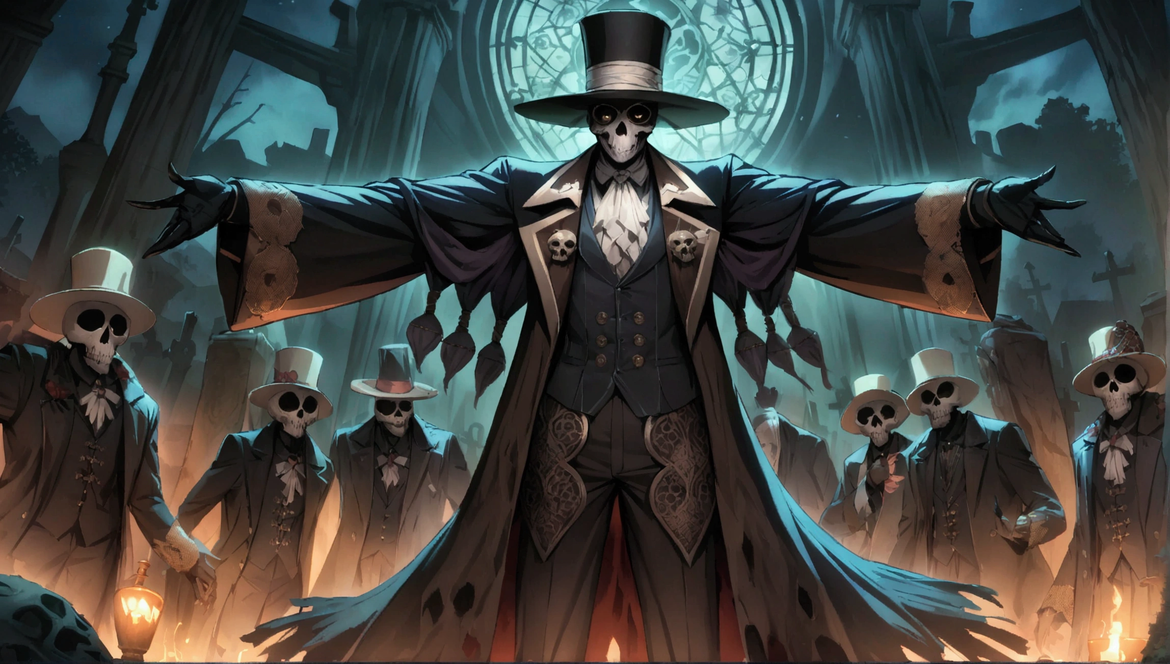 (((BARON SAMEDI))) best quality, ultra-high resolution, 4K detailed CG, masterpiece, man,skull face, formal wear, top hat, voodoo mythology, ((standing pose)), African aesthetic, centered screen, night, cemetery background