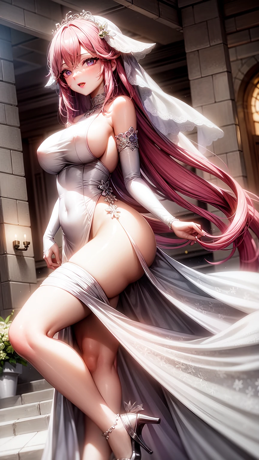 purple eyes,Wedding dress,long skirt,pink hair