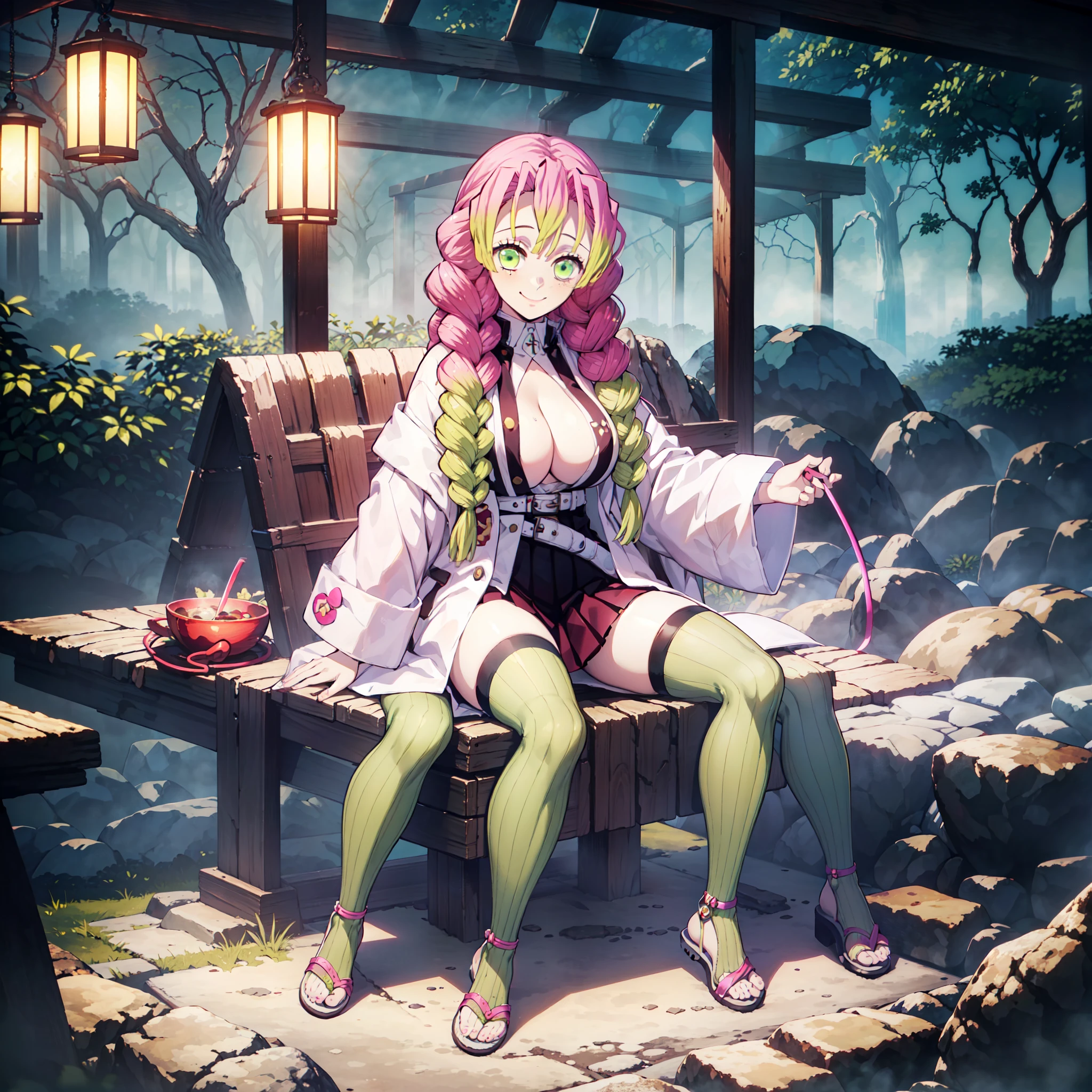 night, hot spring, sit cross-legged,smile, 1girl, MitsuriKanroji, (solo, full body, White coat, belt, black dress, skirt, green striped stockings, straw sandals, Large breasts, breasts cut_out), Completely Disrobe, Misty mist,((masterpiece)), best quality,